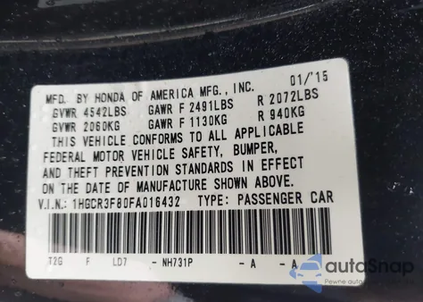 2015 Honda Accord Ex-L V-6 из США, поврежденный, VIN 1HGCR3F80FA016432